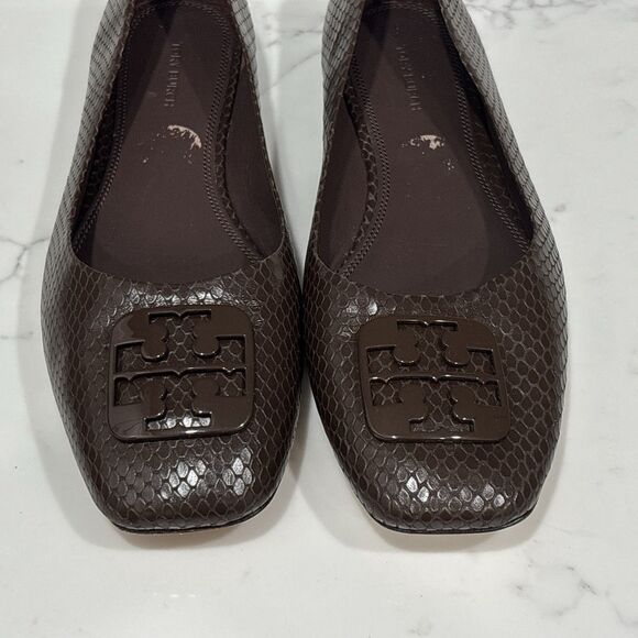Tory Burch Ballet Flats 10.5 Georgia Square Toe Snakeskin Embossed Leather Brown - Picture 7 of 13